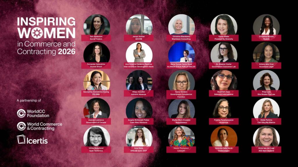 Publicación Inspiring Women 2026 de World Commerce & Contracting y WorldCC Foundation sobre liderazgo femenino e integridad empresarial.