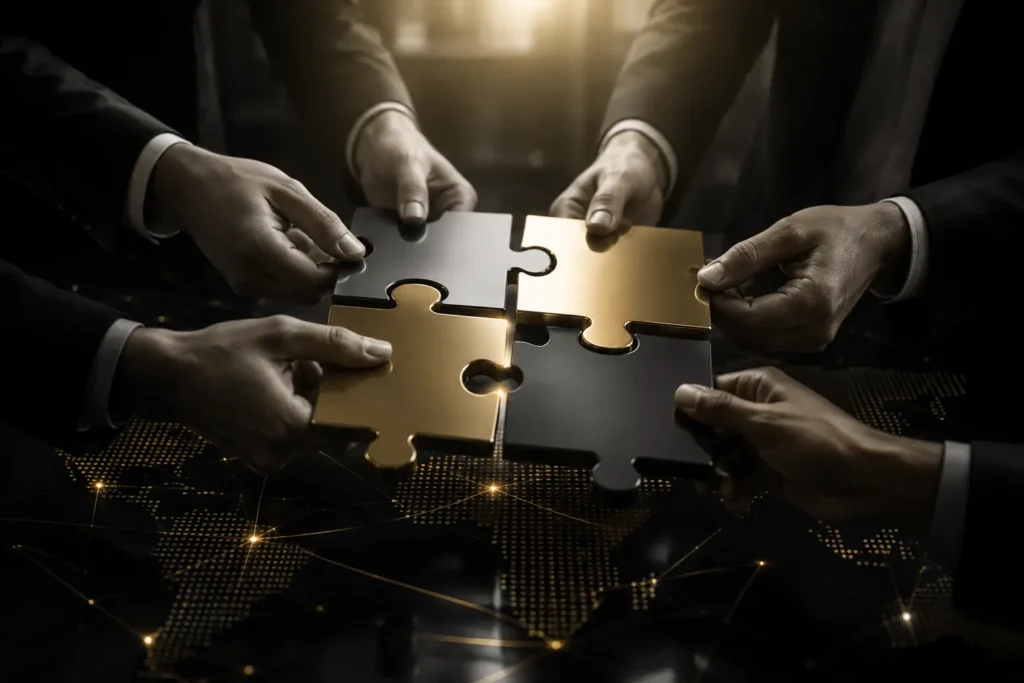 Profesionales colaborando para unir piezas que simbolizan la acción colectiva, la integridad empresarial, la gobernanza y el compliance en CARE Abogados.