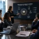 Gobernanza de inteligencia artificial y gestión de riesgos legales en empresas, representadas por un ejecutivo y controles de protección de datos y compliance.