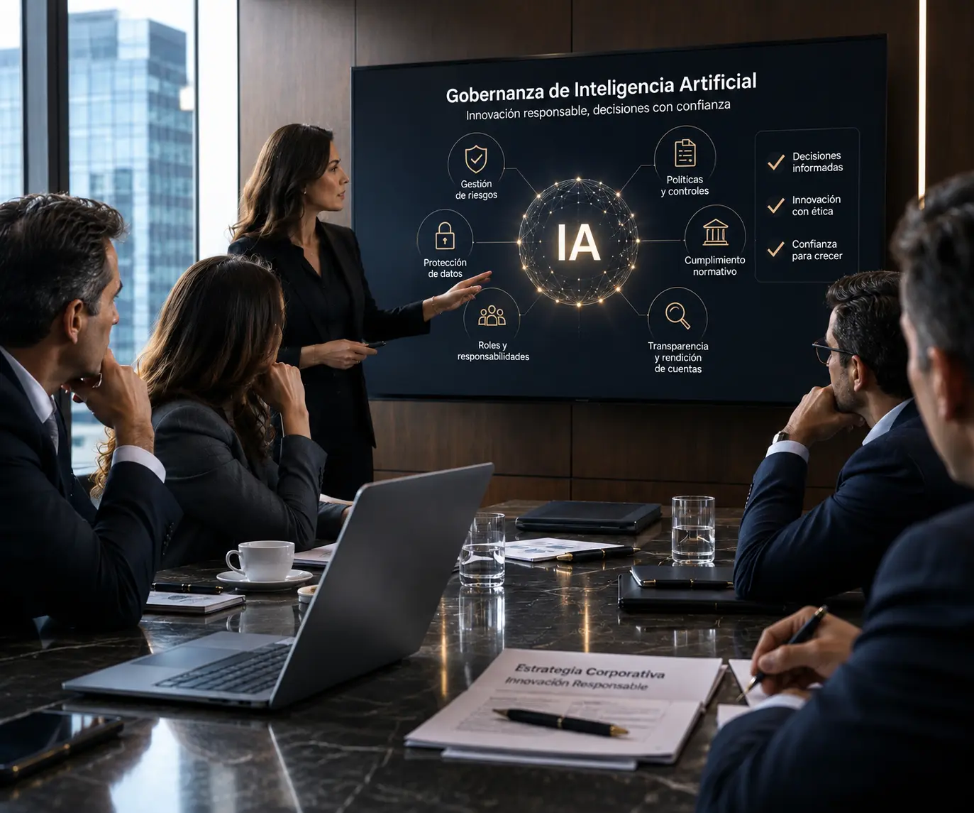 Gobernanza de inteligencia artificial y gestión de riesgos legales en empresas, representadas por un ejecutivo y controles de protección de datos y compliance.