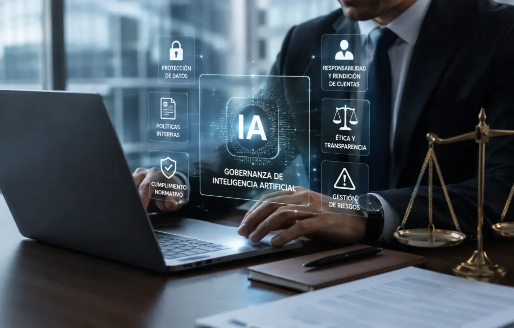Directivos analizan la gobernanza de inteligencia artificial, el cumplimiento normativo y la gestión de riesgos en una reunión corporativa.